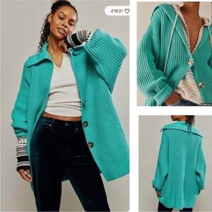 Free People Chunky Teal Knit Cardigan